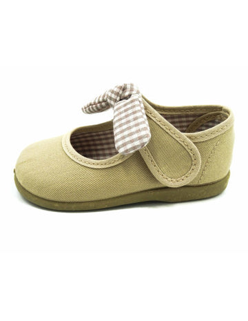Mercedita en tela con lazo vichy en cierre Beige