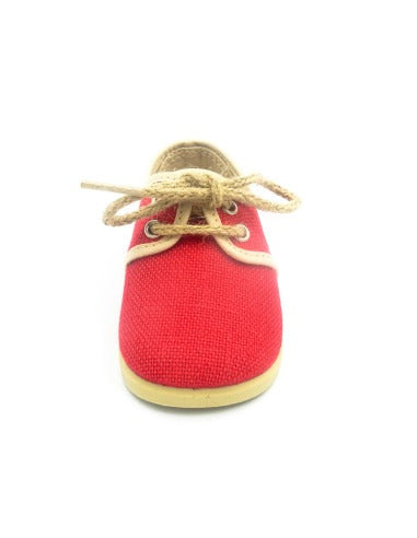 Blucher de cordones con tejido lino suela y detalles en el mismo color rojo